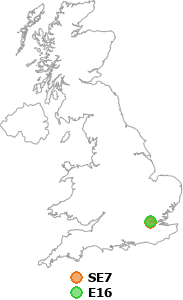 map showing distance between SE7 and E16