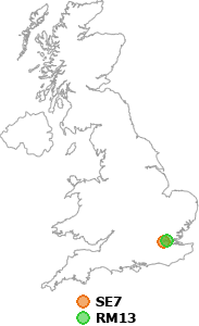 map showing distance between SE7 and RM13