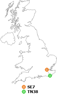 map showing distance between SE7 and TN38