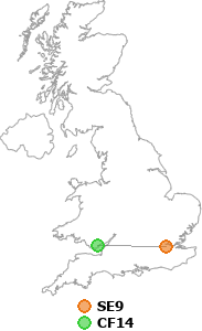 map showing distance between SE9 and CF14