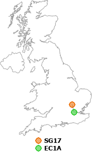 map showing distance between SG17 and EC1A