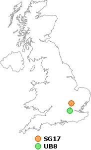 map showing distance between SG17 and UB8