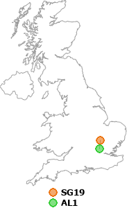 map showing distance between SG19 and AL1