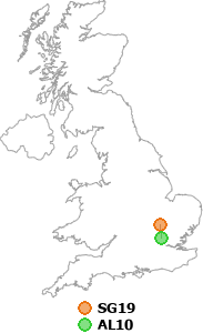 map showing distance between SG19 and AL10