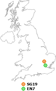 map showing distance between SG19 and EN7