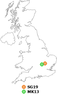 map showing distance between SG19 and MK13