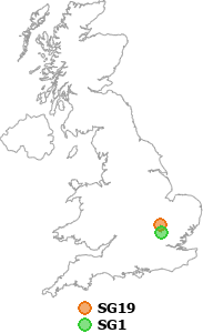 map showing distance between SG19 and SG1