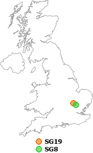map showing distance between SG19 and SG8