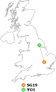 map showing distance between SG19 and YO1