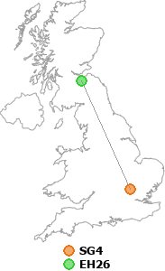 map showing distance between SG4 and EH26