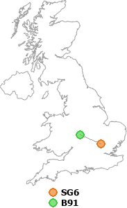 map showing distance between SG6 and B91
