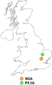 map showing distance between SG6 and PE16