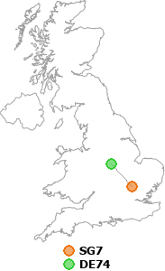 map showing distance between SG7 and DE74