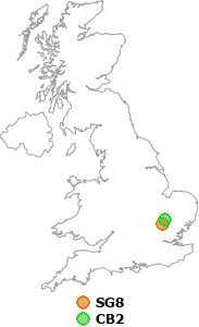 map showing distance between SG8 and CB2