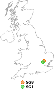 map showing distance between SG8 and SG1