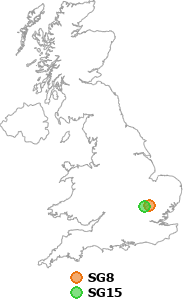 map showing distance between SG8 and SG15