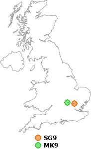 map showing distance between SG9 and MK9