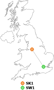 map showing distance between SK1 and SW1