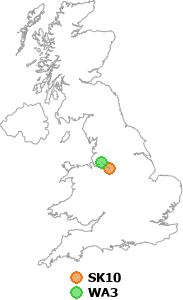 map showing distance between SK10 and WA3