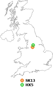 map showing distance between SK13 and HX5
