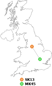 map showing distance between SK13 and MK45