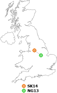 map showing distance between SK14 and NG13