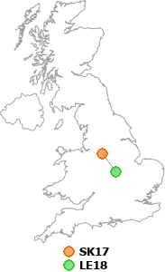 map showing distance between SK17 and LE18