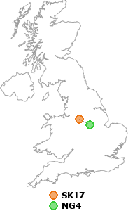 map showing distance between SK17 and NG4