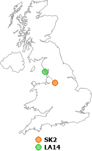 map showing distance between SK2 and LA14