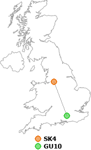 map showing distance between SK4 and GU10