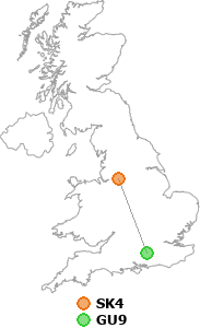 map showing distance between SK4 and GU9