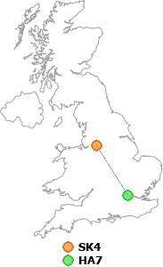 map showing distance between SK4 and HA7
