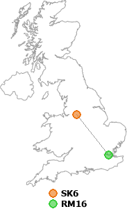 map showing distance between SK6 and RM16