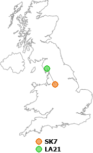 map showing distance between SK7 and LA21