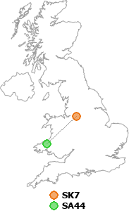 map showing distance between SK7 and SA44