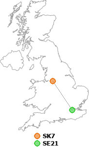 map showing distance between SK7 and SE21
