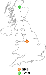 map showing distance between SK9 and IV19