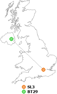 map showing distance between SL3 and BT29