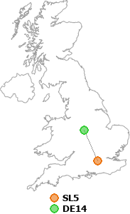 map showing distance between SL5 and DE14