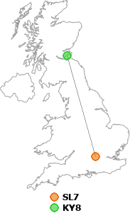 map showing distance between SL7 and KY8