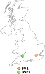 map showing distance between SM1 and BS23