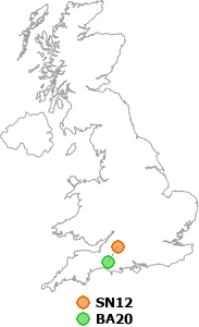 map showing distance between SN12 and BA20