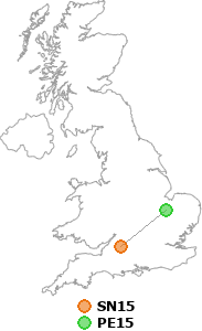 map showing distance between SN15 and PE15