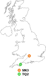 map showing distance between SN3 and TQ2