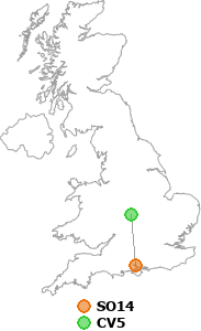 map showing distance between SO14 and CV5