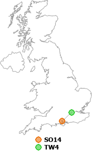 map showing distance between SO14 and TW4