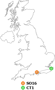 map showing distance between SO16 and CT1