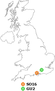map showing distance between SO16 and GU2