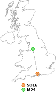 map showing distance between SO16 and M24