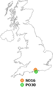 map showing distance between SO16 and PO30